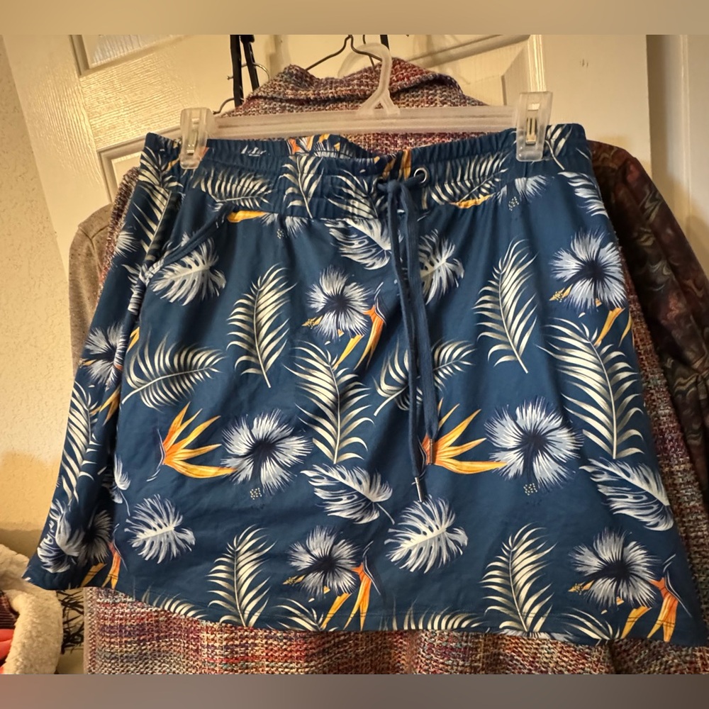 Blue Tropical Print Drawstring Skort